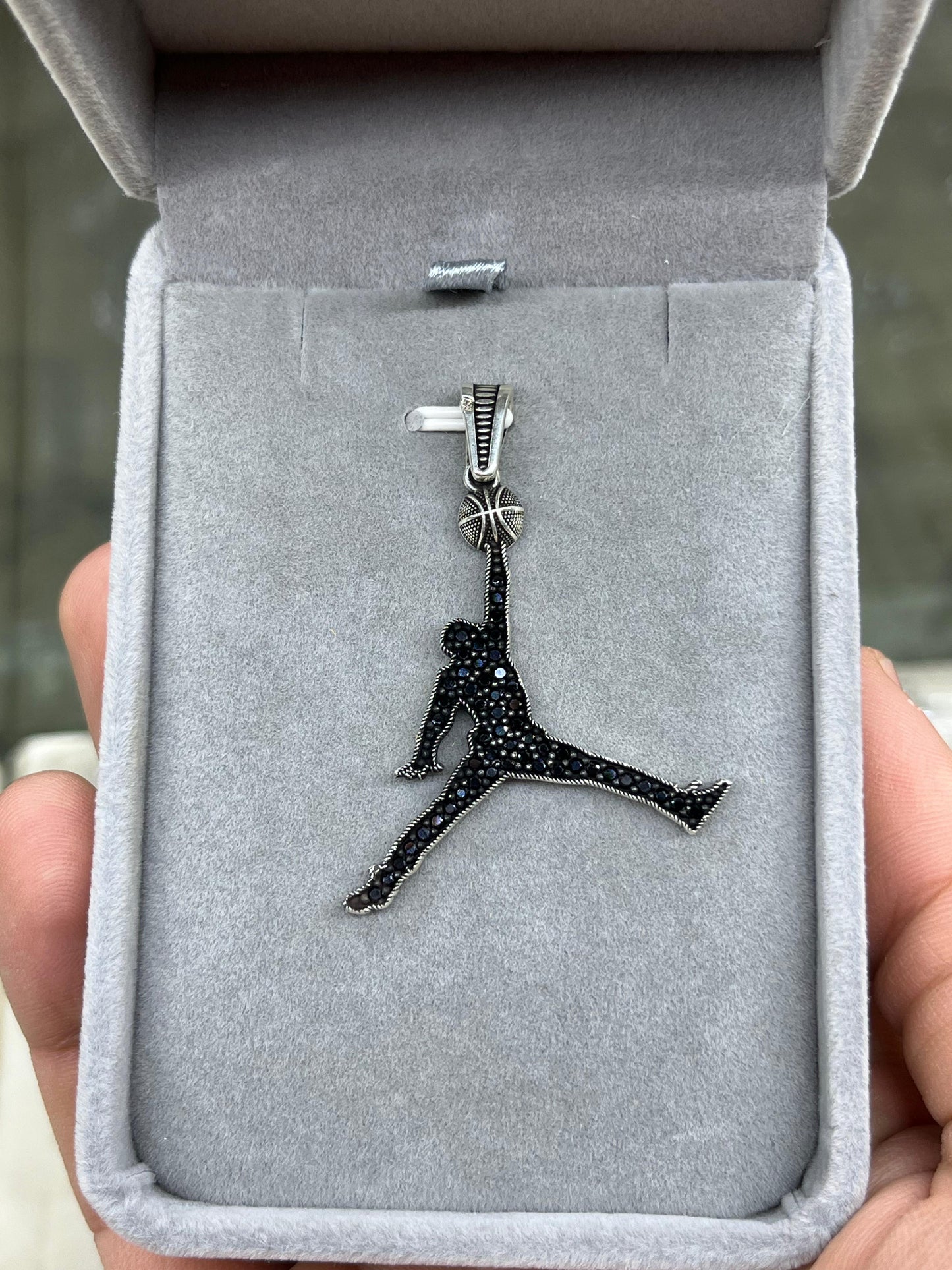 Air Jordan Black Spinel Pendant 925 Sterling Silver Turkish Men's