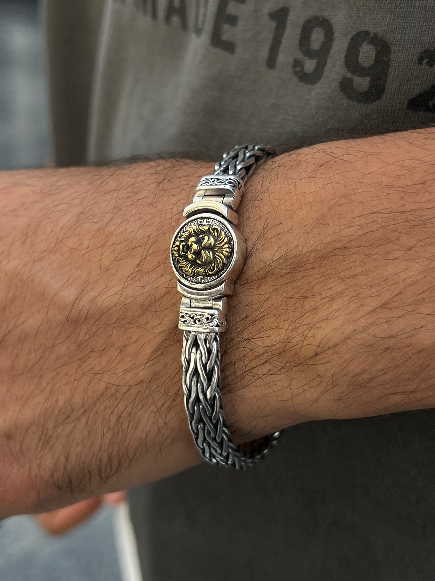 Lion lock thick bradided Bracelet for Men's Sterling Silver 925s-20cm