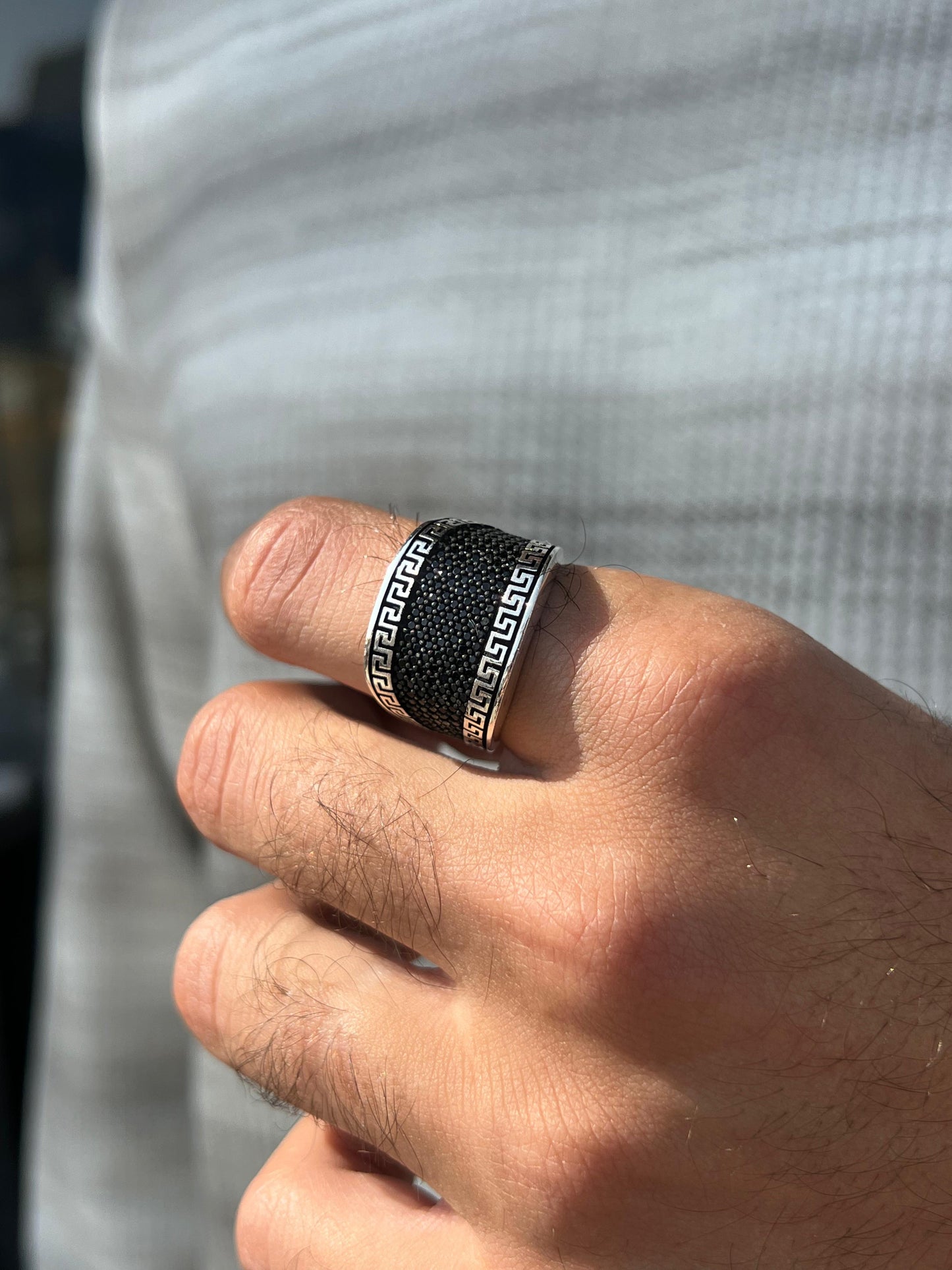 Wide Black Zirconia Versace Ring in Sterling Silver 925s