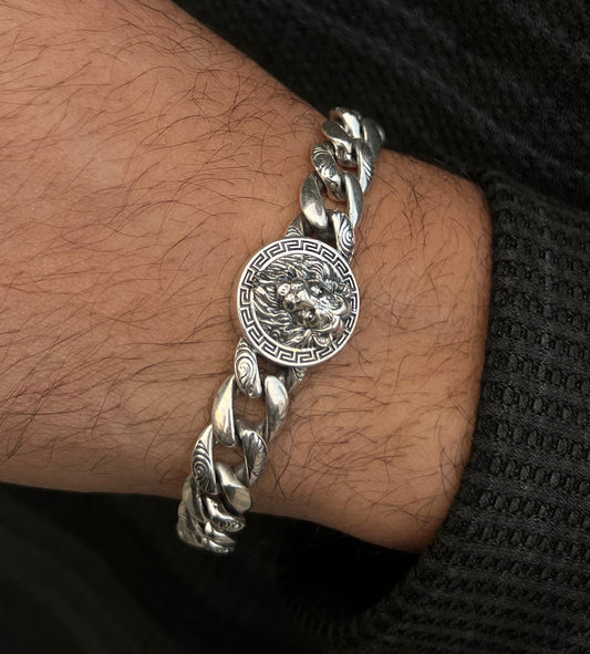 Engraved Versace Lion Bracelet Sterling Silver 925s-(21cm-11mm)