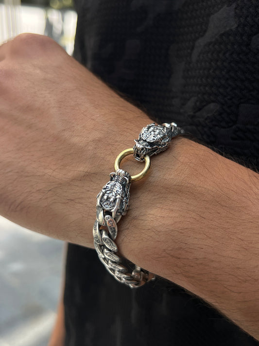 Mantra Dragon Heads Bracelet for Men's Sterling Silver 925s 20cm
