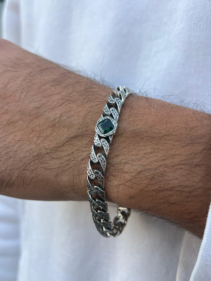 Diamond Emerald Green Stone Bracelet- Sterling Silver 925s-(21cm-9mm)