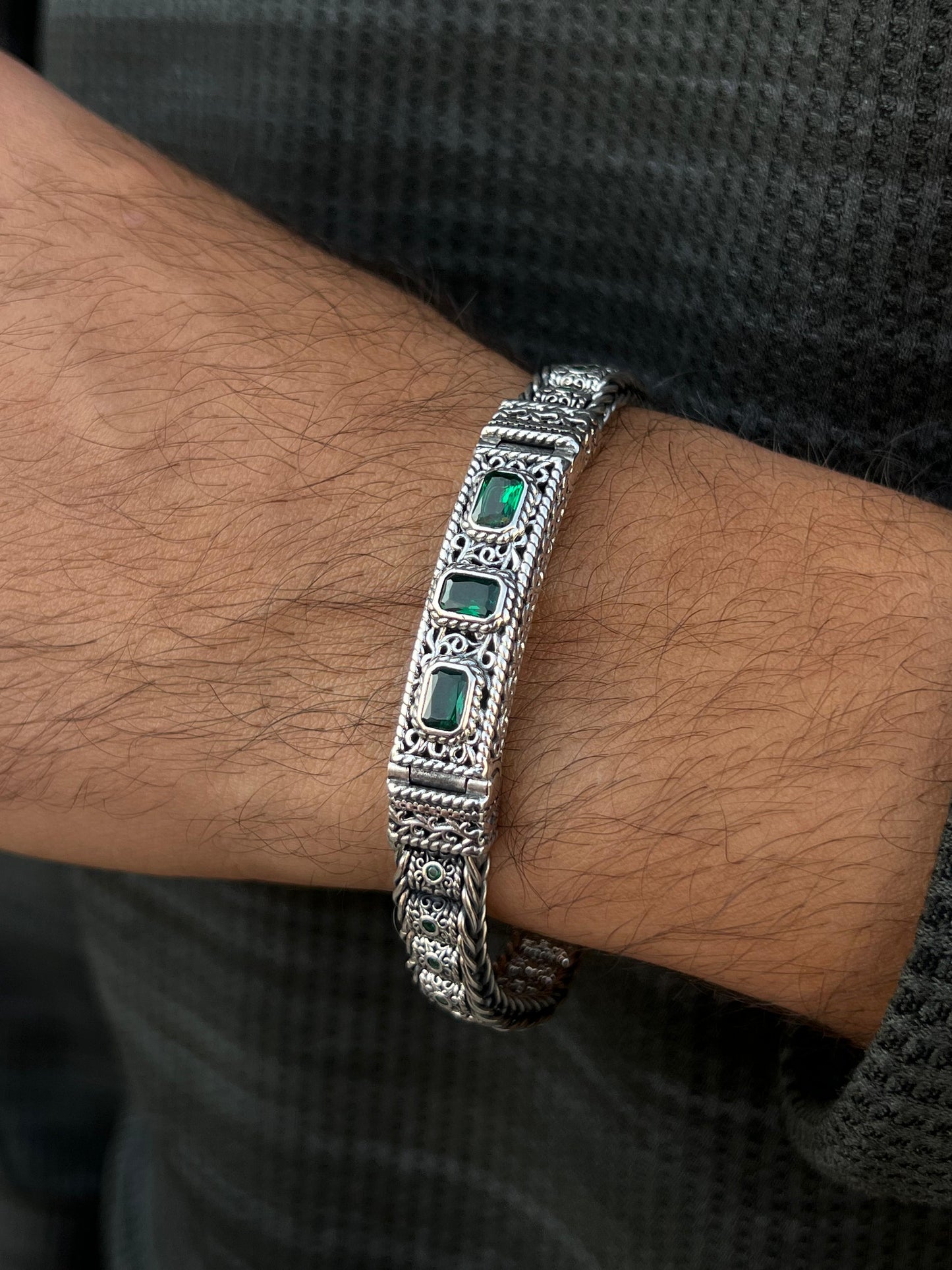 TriAura-Green Bracelet Sterling Silver 925s-(21cm-10mm)