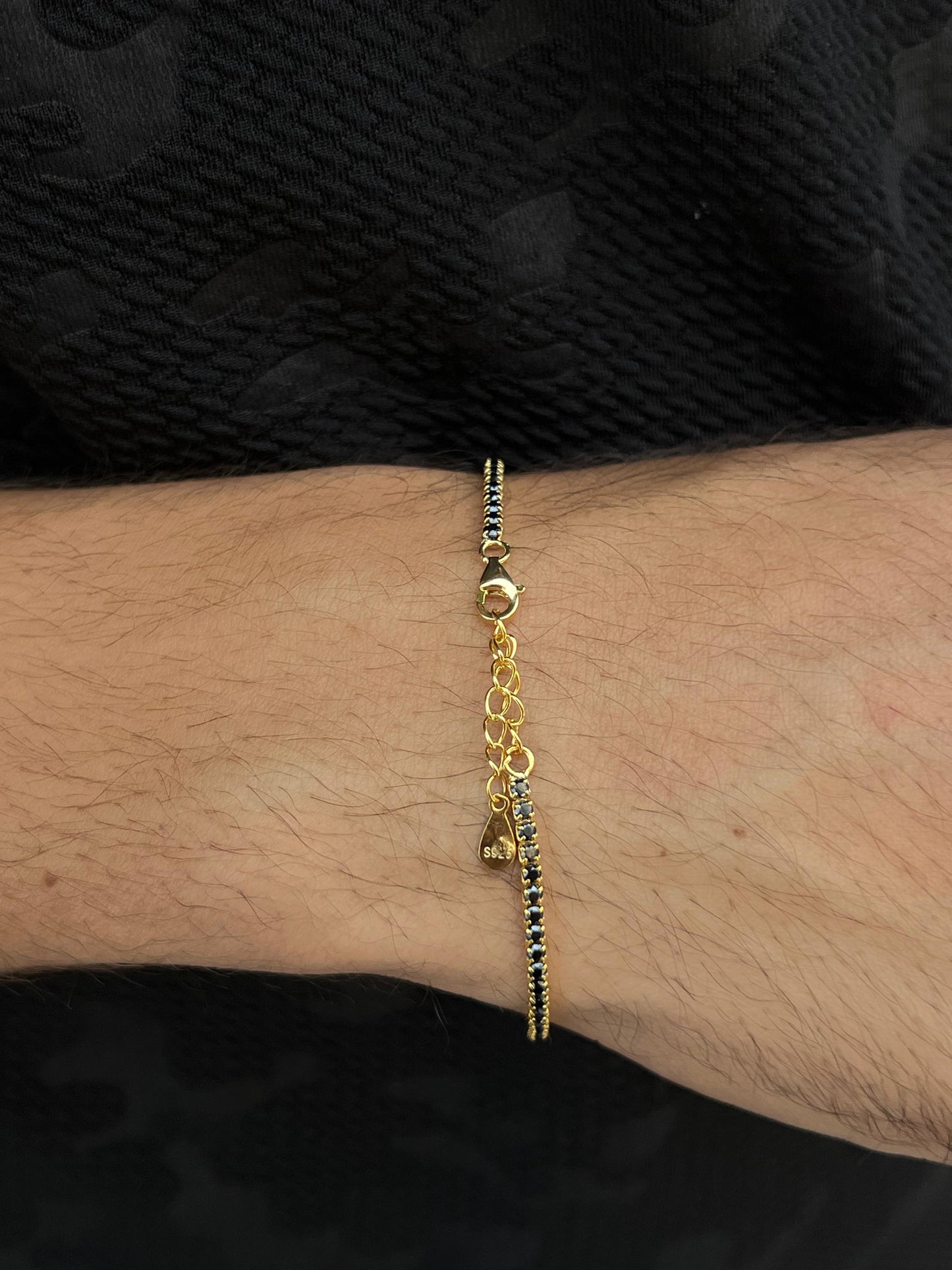 Slim Gold plated Black Spinel Tennis Bracelet for Men's Sterling Silver 925s