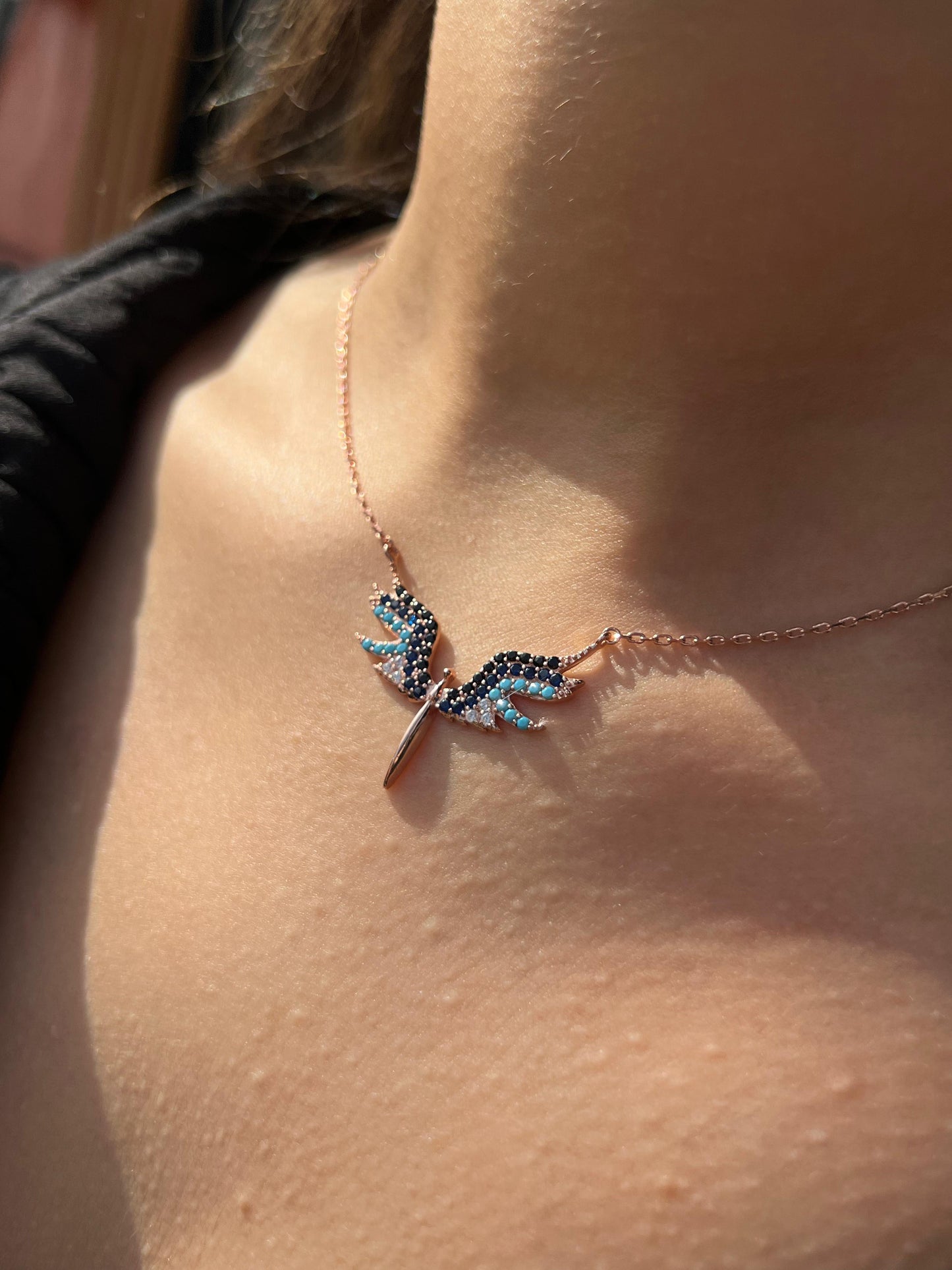 Rose Gold Plated- Blue Guardian Angel Necklace- Italian sterling Silver-925s