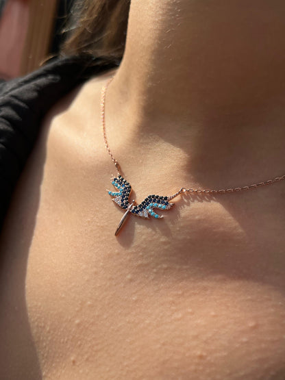 Rose Gold Plated- Blue Guardian Angel Necklace- Italian sterling Silver-925s