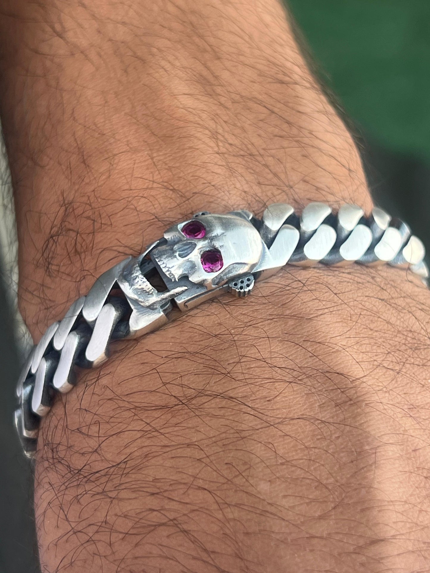 Skull Grommet Bracelet for Men's Sterling Silver 925s-(21cm-12mm)