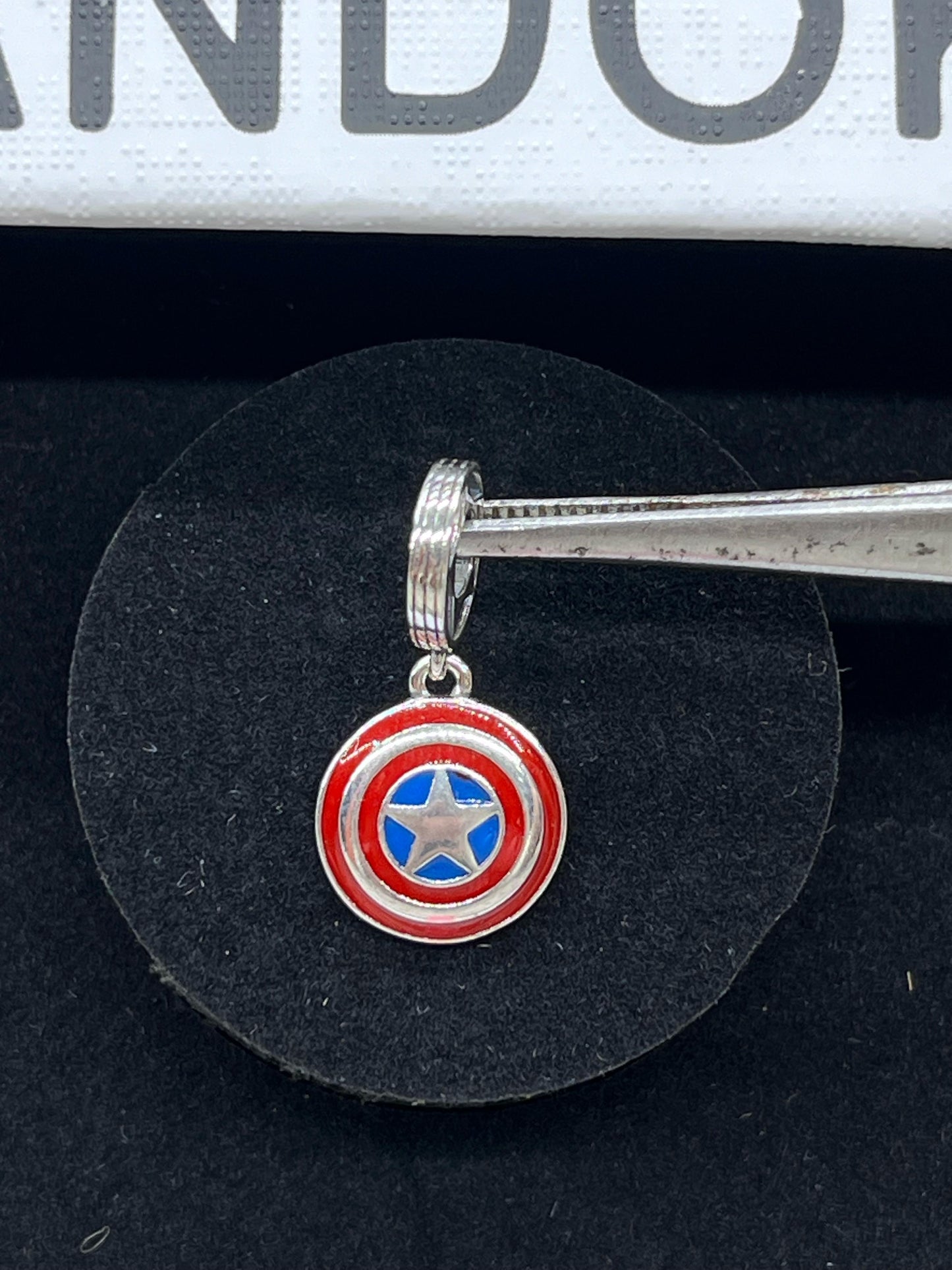 Marvel Captain America Shield sterling silver dangle with blue and red enamel