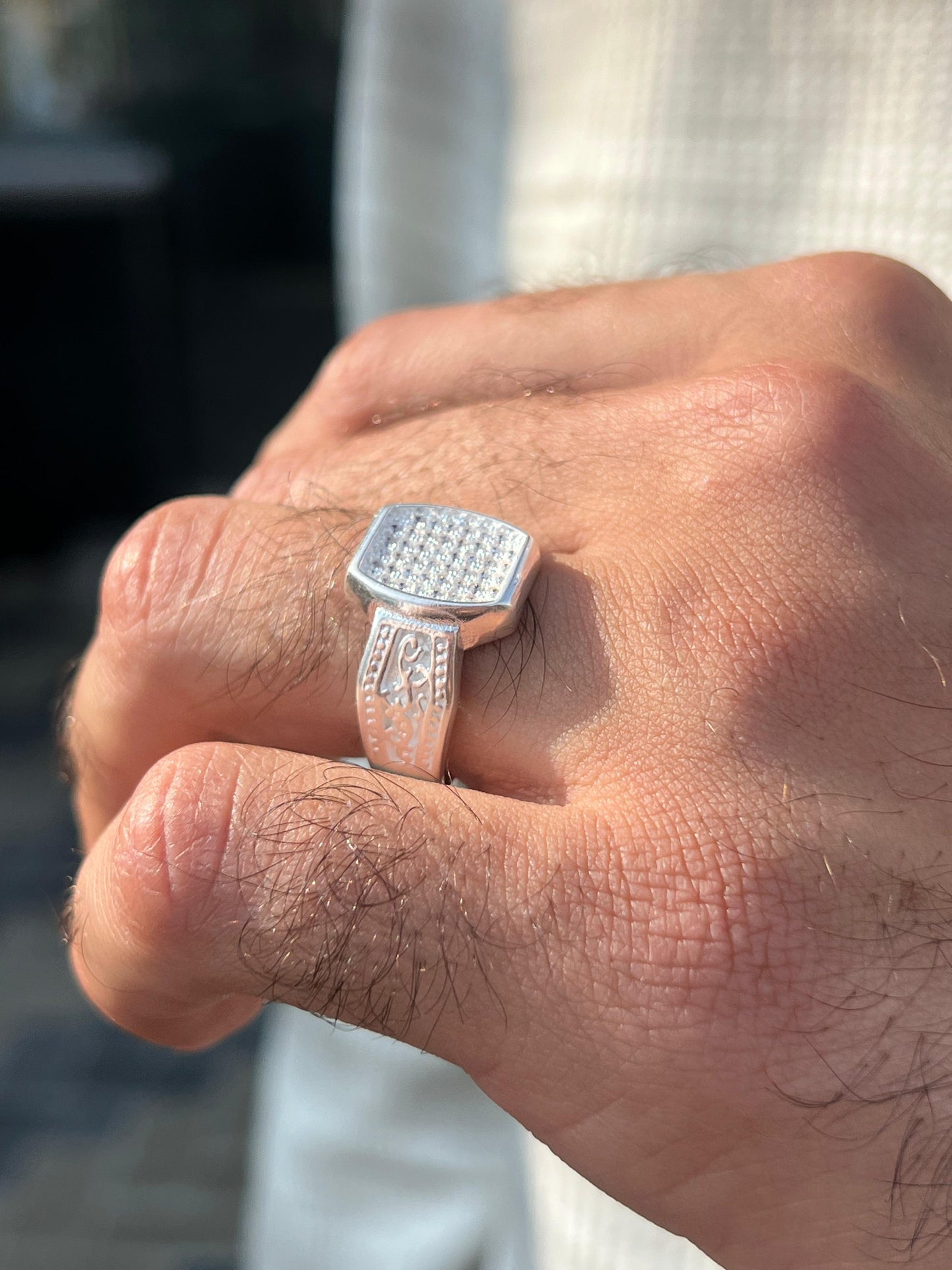 Sided Iced Diamond Zirconia Ring for Men in Sterling Silver 925s