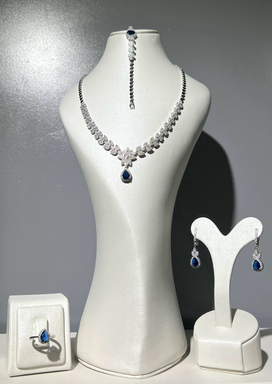 Fancy Navy Blue Teardrop – pure Sterling Silver -925- Full Set 4 Pieces