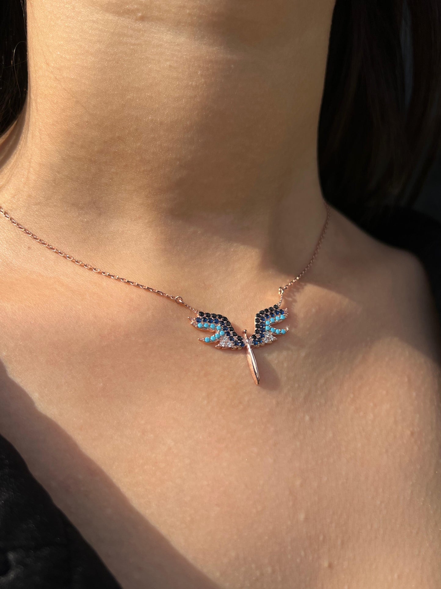 Rose Gold Plated- Blue Guardian Angel Necklace- Italian sterling Silver-925s