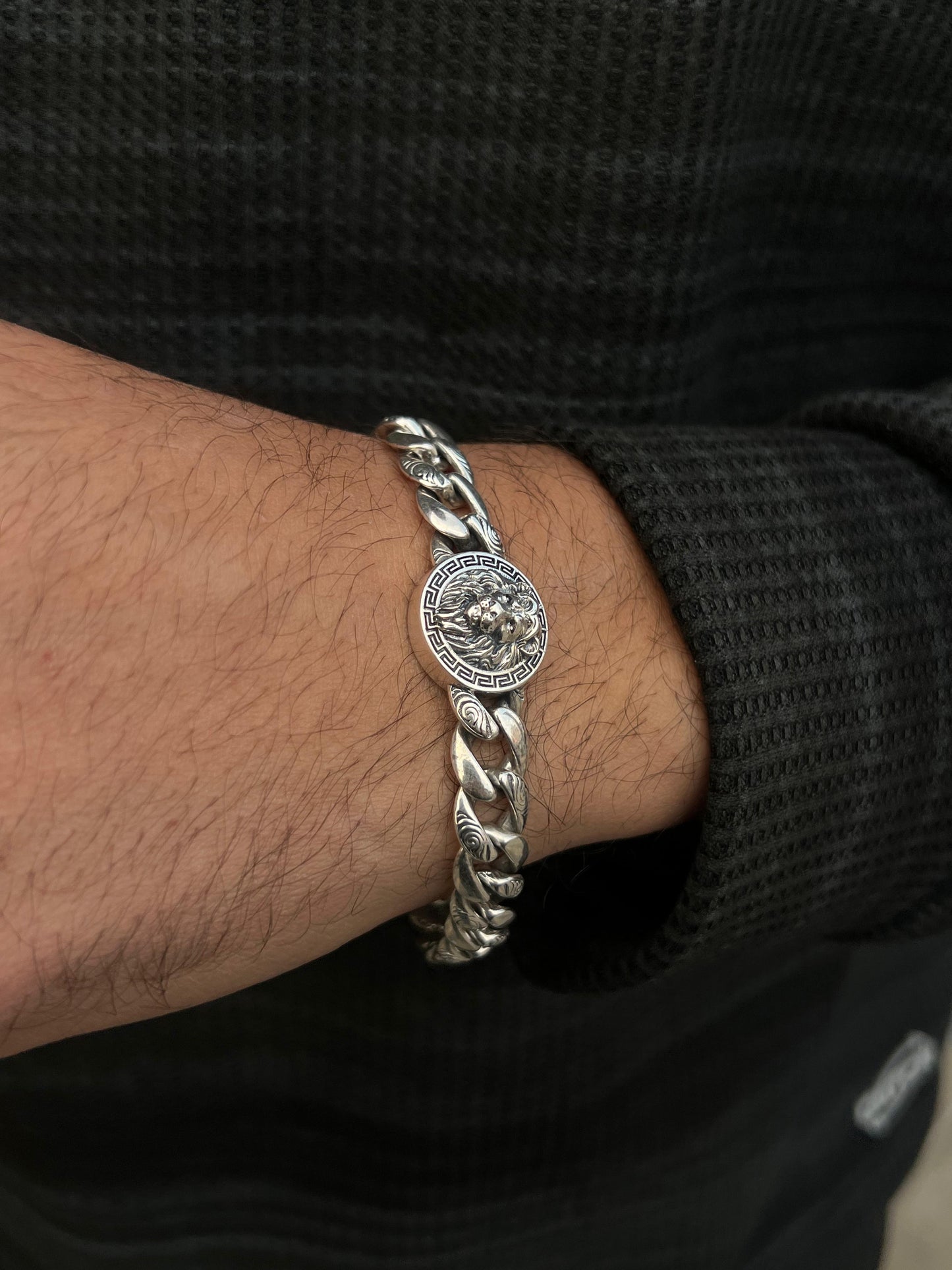 Engraved Versace Lion Bracelet Sterling Silver 925s-(21cm-11mm)