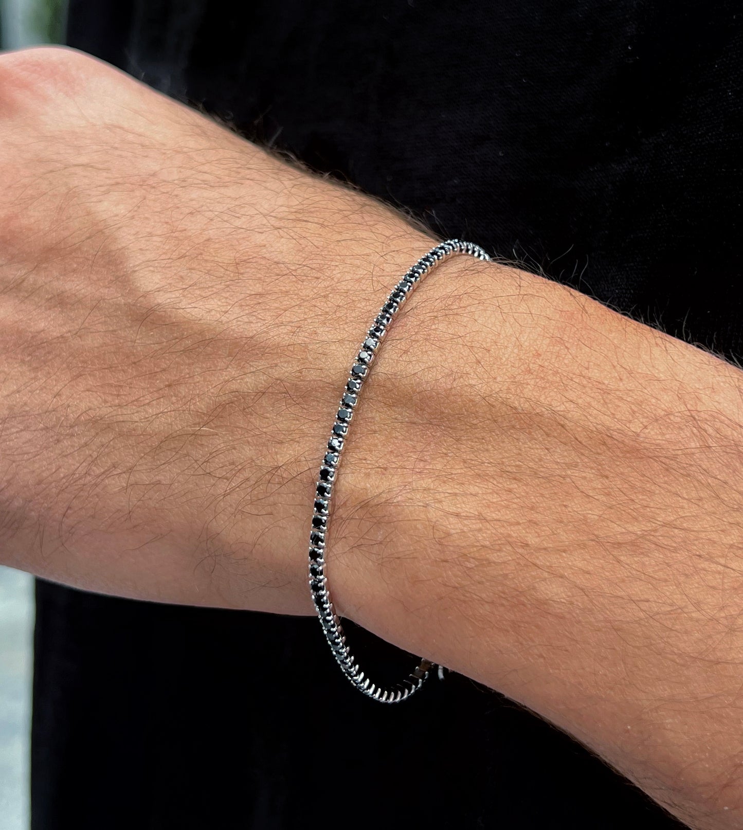 Slim Black Spinel Tennis Bracelet for Men's Sterling Silver 925s
