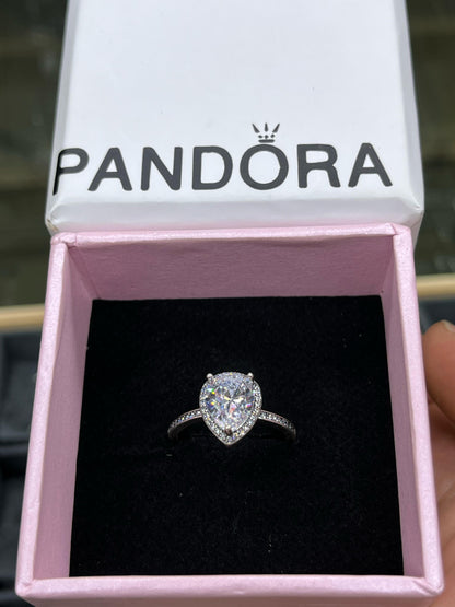 Radiant Teardrop Pear CZ Halo Silver Ring