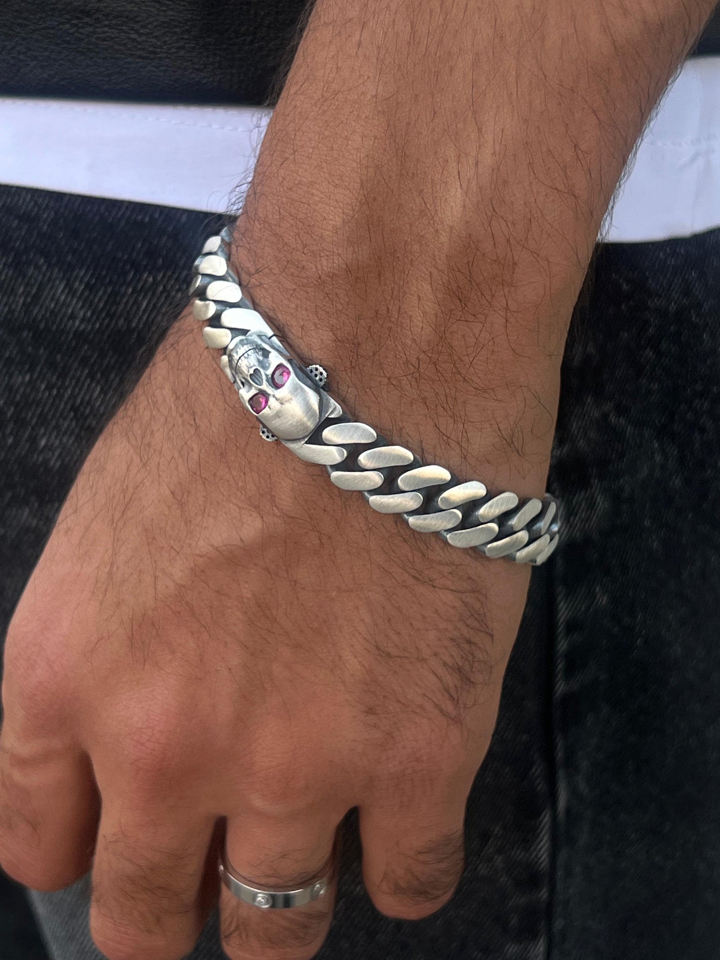 Skull Grommet Bracelet for Men's Sterling Silver 925s-(21cm-12mm)