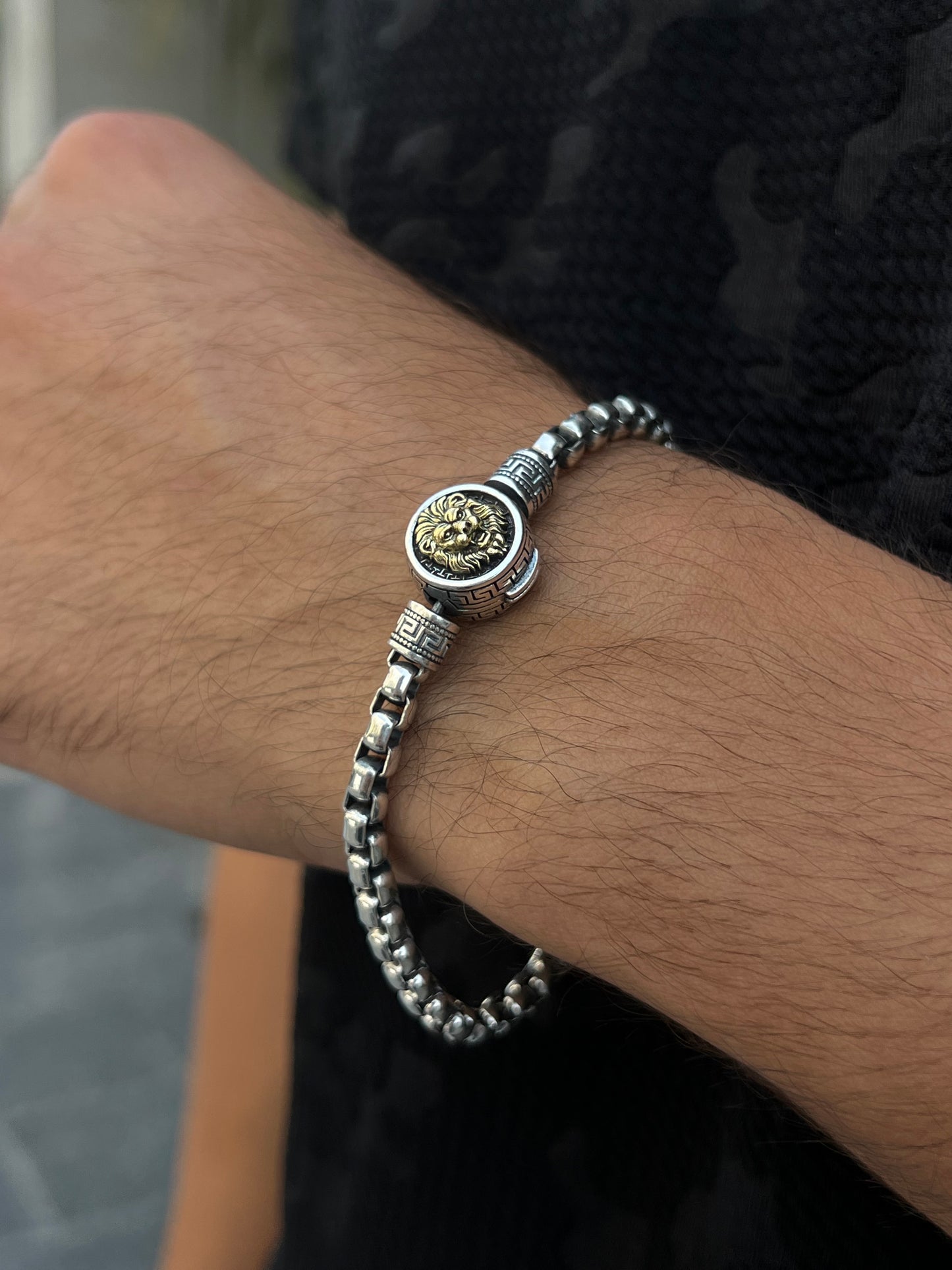 Beast lion gold Accent -box Bracelet S925 Sterling Silver for men