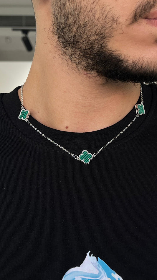 Three Malachite Stone Van Cleef Necklace S925 Sterling Silver for men